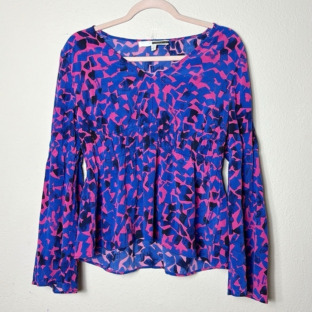 Tracy Reese Silk Blue and Pink Geometric Pattern Bell Sleeve Top‎ Blouse size M
